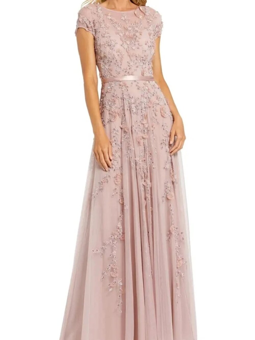 Mac Duggal Mocha Floral Embellished Mesh Gown*Less Sash*